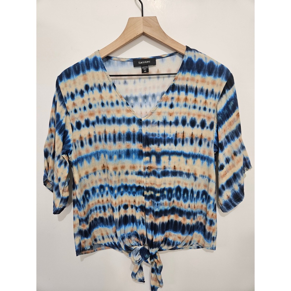 Karen Kane Womens Tie‎ Dye V-Neck Tie Front Blouse Blue Tan XS Made in USA